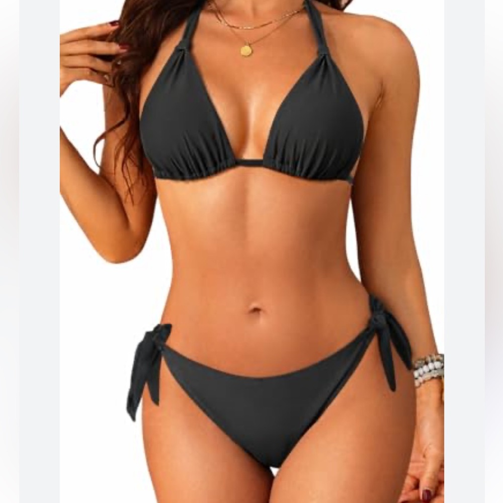 Aqua‎ Eve Black Halter triangle Bikini Set black NEW XS